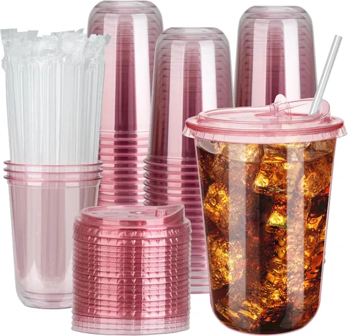 Vista 10 de 100 juegos de vasos de plástico desechables de 16 onzas sin tallo con tapas para sorber sin pajilla, tazas de café PET transparentes para café
