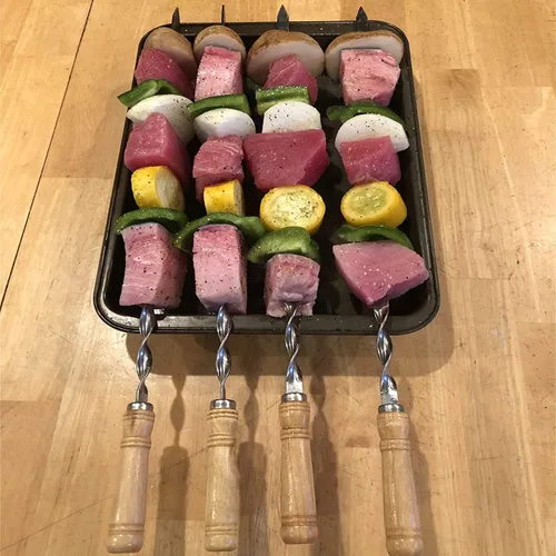 Vista 6 de Paquete de 12 pinchos Kabob 22 pulgadas, pinchos de barbacoa de acero inoxidable, resistentes, grandes, reutilizables con asa de madera