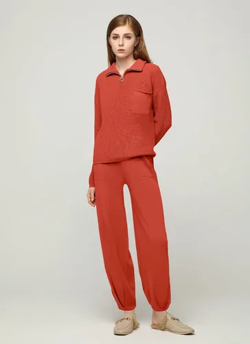 Vista 2 de softome Conjunto de 2 piezas para mujer, suéter de manga larga, con cremallera de 14, suéter de punto, pantalones casuales, conjunto de ropa