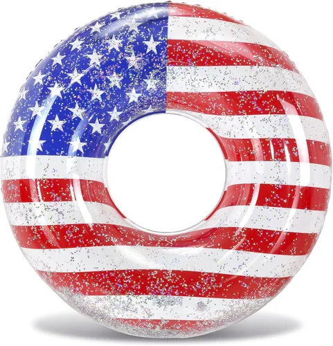 Vista 9 de POZA Flotador inflable de piscina de Estados Unidos – Lujosa tumbona divertida llena de confeti de estrellas plateadas brillantes, diseño de bandera