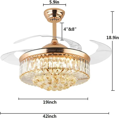 Vista 4 de Lámpara de techo de cristal de 42 pulgadas con control remoto, ventilador de techo retráctil con luces, lámpara LED moderna con kits de accesorios