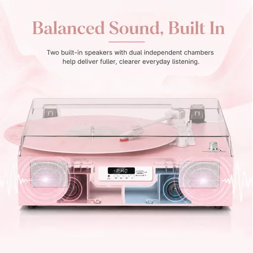 Vista 4 de Vinyl Record Player with Stereo Speakers Turntable USB Recording, Pink,Built-in Speakers, 3-Speed Belt Drive, RCA Line-Out AUX-in, Auto Stop