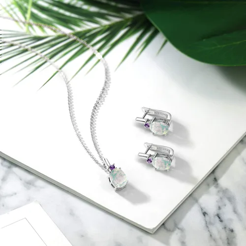 Vista 4 de Gemstone Birthstone and Purple Amethyst Pendant and Earrings Jewelry Set for Women 925 Sterling Silver Oval 8X6MM and Round 2.5MM Fine Jewelry