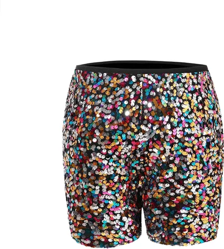 Vista 4 de BAICAIYU Pantalones cortos de lentejuelas para mujer, brillantes de cintura alta, color negro, ligeros, pierna recta, pantalones casuales