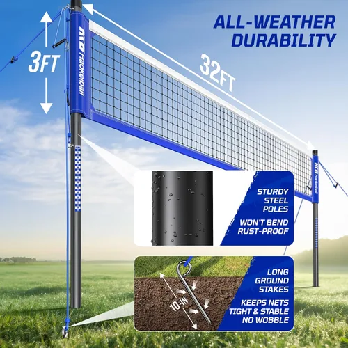 Vista 4 de Outdoor Volleyball Net Set for Backyard, 32FT Regulation, 3-Level Adjustable Height & Anti-Sag Tension System, Heavy Duty Thick Poles, Includes