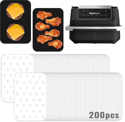 Vista 6 de Accesorios de papel pergamino para freidora de aire Ninja Foodi DZ201 DZ401, 200 forros sin blanquear y alfombrilla resistente al calor, doble cesta