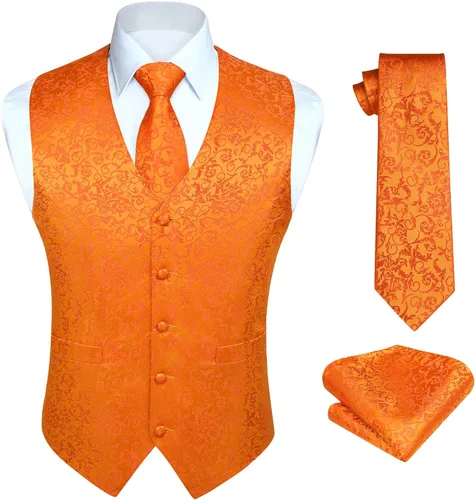 Vista 8 de HISDERN Conjunto de 3 piezas de chaleco formal para hombre, chaleco formal de cachemira floral jacquard corbata bolsillo cuadrado chalecos
