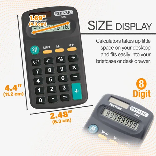 Vista 2 de BAZIC Products Calculadora de bolsillo de 8 dígitos, color negro Potencia dual