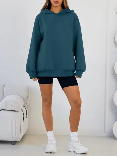 Vista 6 de Trendy Queen Sudaderas con capucha de gran tamaño para mujer, cómodas sudaderas de otoño a la moda 2025, trajes casuales de forro polar con bolsillos