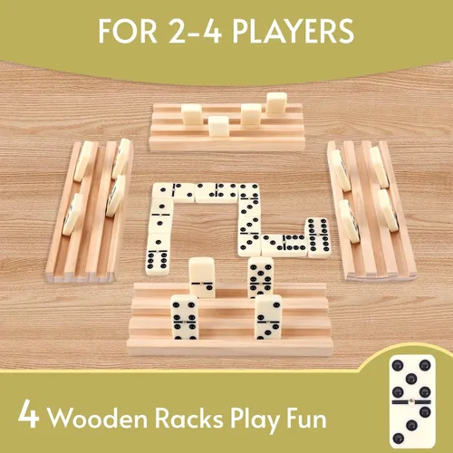 Vista 8 de Doreimi Juego de Dominó Doble 6 para Adultos con 4 Estanterías de Madera y 28 Azulejos Juego de Dominó de Viaje Juego de Mesa Clásico para Noche
