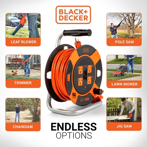 Vista 4 de BLACK+DECKER Carrete de cable de extensión retráctil de 50 pies con 4 tomas, extensión de enchufe múltiple, rebobinado de fácil mango y cable SJTW