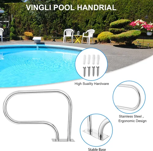 Vista 3 de VINGLI Barandilla de mano para piscina, escalera de piscina de acero inoxidable de 3 curvas, pasamanos dobles para piscina enterrada con placa