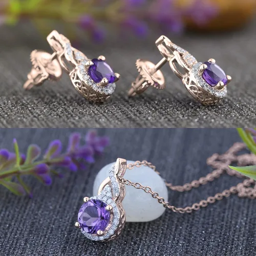 Vista 3 de Dazzlingrock Collection Juego de aretes y colgante a juego con colgante de amatista redonda y diamante blanco, disponible en metal de 10 K14 K18