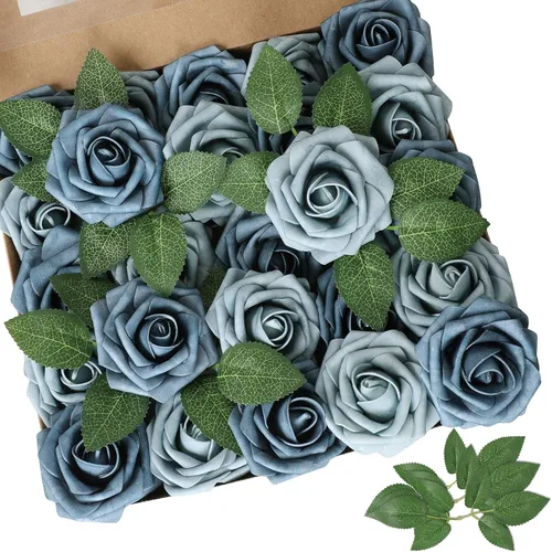 Vista 11 de AmyHomie 25 flores artificiales de aspecto real con tallo de rosa beige