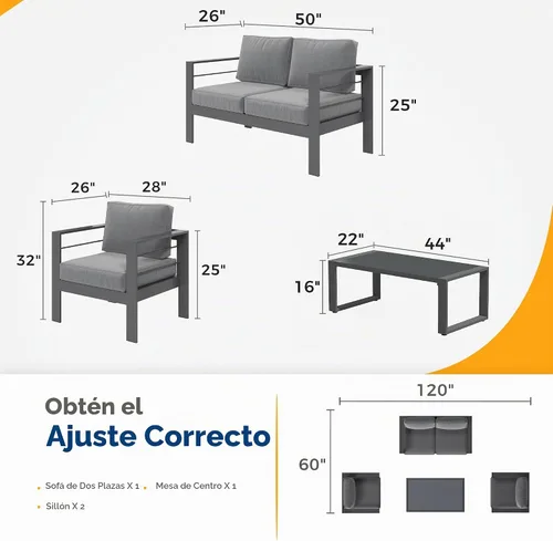 Vista 2 de Solaste Juego de muebles de aluminio para exteriores, juego de conversación de sofá seccional de 4 piezas con mesa de centro de vidrio templado
