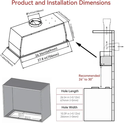 Vista 6 de Campana extractora integrada/de inserción de 700 CFM de 30 pulgadas - Campana de ventilación de cocina convertible con conductos/sin conductos con 3