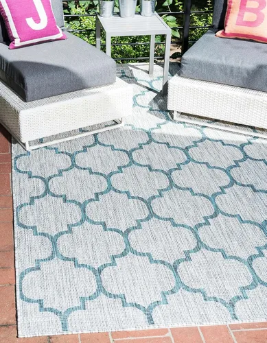 Vista 42 de Unique Loom Outdoor Trellis Collection Alfombra de Área (5' 1" x 8' Oval, Aguamarina/Gris)
