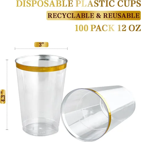 Vista 7 de FOCUSLINE Paquete de 100 vasos de plástico de 12 onzas con borde dorado, vasos transparentes de 12 onzas, vasos duros desechables elegantes