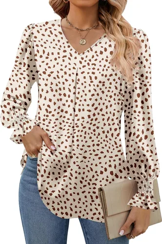 Vista 24 de Funlingo Blusas de mujer con mangas largas 2025, elegantes y casuales, con cuello en V, túnica suelta de gasa para el trabajo