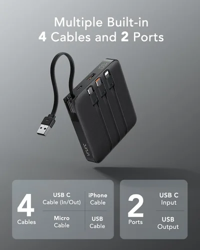 Vista 3 de VRURC Cargador portátil de 20000 mAh de carga rápida de 20 W con 4 cables incorporados Travel Essentials, batería externa para iPhone serie