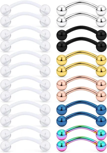 Vista 5 de SCERRING Abrazadera curvada de acero inoxidable y bioflex de acrílico transparente de 14 G, para pezones, ojos de serpiente, lengua, 16-24 piezas
