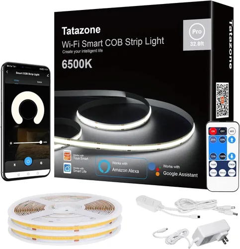 Vista 11 de Tatazone - Tira de luces LED inteligente COB de 2000K color naranja con aplicación y control remoto, 16.4 pies, tira de luz LED WiFi amarilla