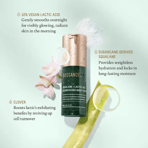 Vista 3 de Biossance Squalane + suero de noche rejuvenecedor con ácido láctico, 10% vegano, suero facial de ácido láctico para textura de la piel y líneas