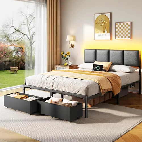 Vista 5 de Furnulem Base de cama de tamaño matrimonial con estación de carga y luces LED, cabecera tapizada de piel sintética, cama de plataforma de metal