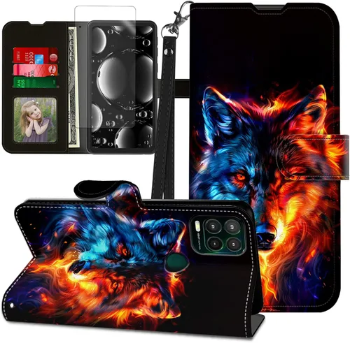 Vista 109 de Funda para Motorola Edge 2022 con protector de pantalla, soporte y tarjetero y correa para la muñeca, funda magnética para Moto Edge 2022 5G UW Lobo