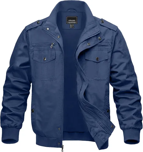 Vista 7 de MAGNIVIT Chaqueta cortavientos militar ligera para hombre con cuello parado, cierre frontal, 7 bolsillos - Algodón Negro