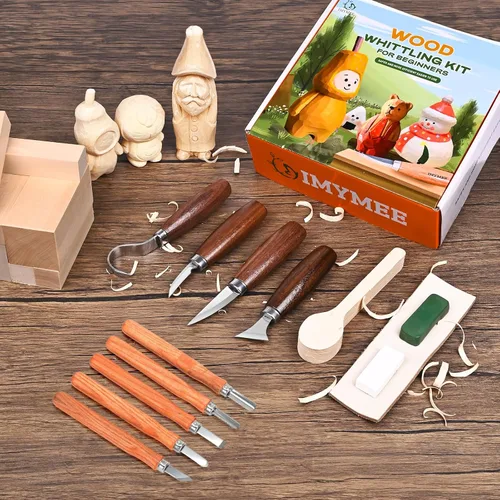 Vista 5 de IMYMEE Kit de corte de madera para principiantes, juego completo de tallado con 4 cuchillos de tallado de madera y 8 bloques de madera de tilo, kit