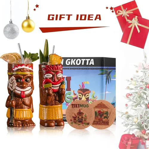 Vista 6 de Juego de tazas Tiki para cóctel, set de 2 - Tazas Tiki de cerámica, lindas tazas exóticas para cóctel, para fiesta hawaiana y bar Tiki