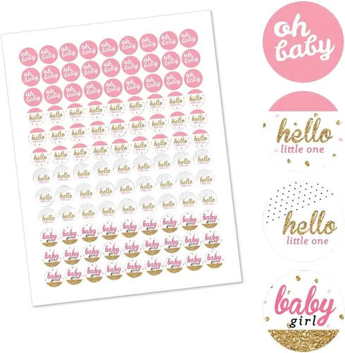 Vista 2 de Big Dot of Happiness Hello Little One - Calcomanías redondas para fiesta de baby shower, color rosa y dorado, para fiesta de baby shower