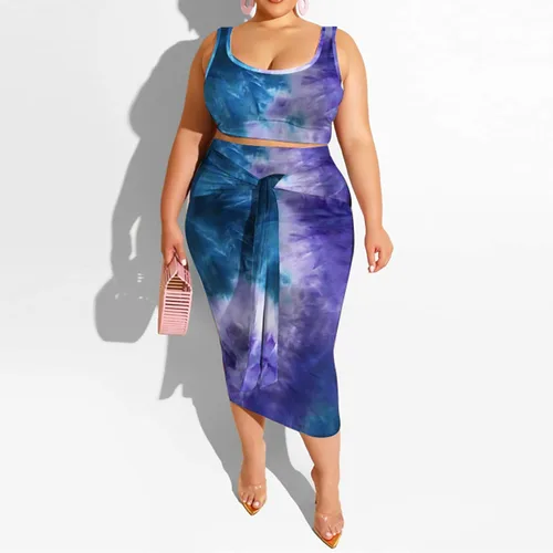 Vista 3 de Conjunto vestido a media pierna de 2 piezas de talla plus, conjunto de falda ajustada, top ajustado, estampado estilo hippy sin mangas