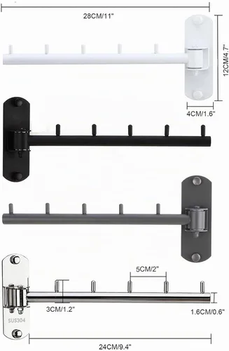 Vista 2 de Paquete de 2 percheros plegables de pared con brazo oscilante de acero inoxidable resistente para baño, dormitorio, cuarto de servicio