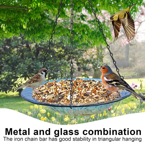 Vista 4 de Baño colgante para pájaros, de cristal al aire libre, comedero para pájaros con patrón de textura azul-naranja para decoración de jardín y patio