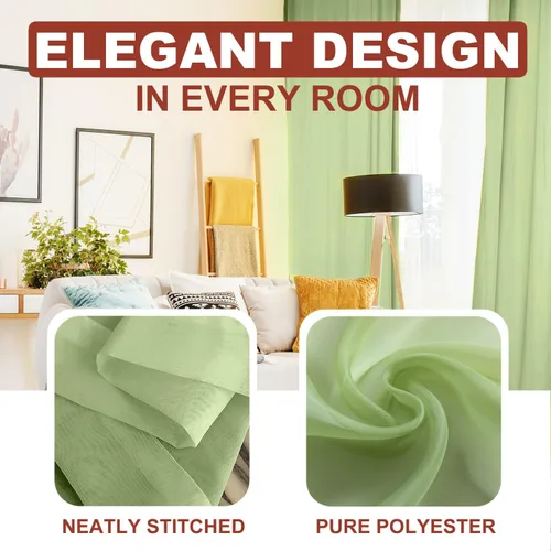 Vista 2 de YHSF Cortinas traslúcidas – Juego de 2 paneles para decoración del hogar – Elegantes cortinas de gasa sólida con bolsillo para barra para Verde