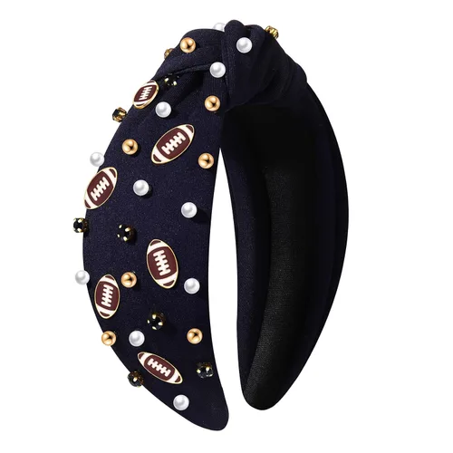 Vista 12 de Diadema de fútbol para mamá, accesorios de perlas con diamantes de imitación anudados, banda ancha para el pelo negra, diadema de nudo superior