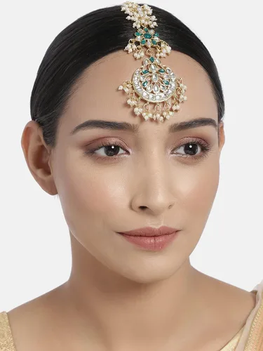 Vista 2 de I Jewels 18K chapado en oro indio boda Bollywood perlas Kundan tachonado Maang Tikka para mujeresniñas (T2872)
