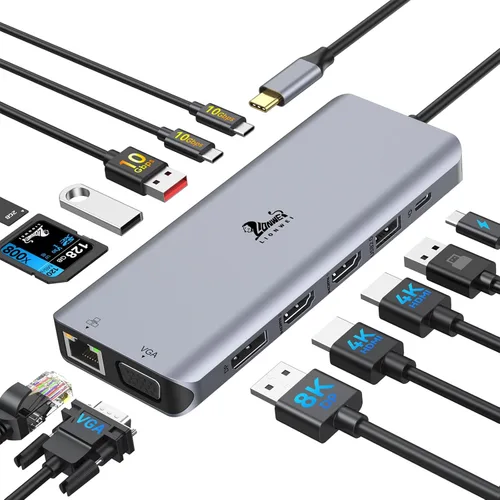 Vista 10 de LIONWEI Estación de acoplamiento para laptop 9 en 1, HDMI dual, 100 W PD, USB C 3.0, Ethernet, audio/micrófono, concentrador USB C para portátiles