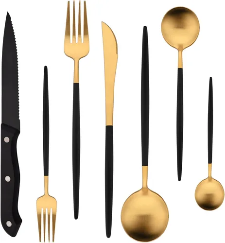 Vista 11 de Juego de cubiertos de 28 piezas con cuchillos para carne, cubiertos de acero inoxidable 18/8, juego de cubiertos modernos para 4 tenedores de Negro