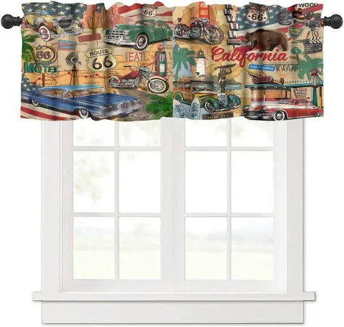 Vista 9 de Cortina de cenefas retro de los años 50, reparación de publicidad de automóvil, garaje, clásicos, bolsillo para barra, tratamientos de ventana corta