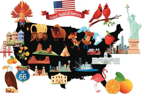Vista 5 de Dibujos animados mapa de los Estados Unidos Estados Unidos con símbolos – Póster