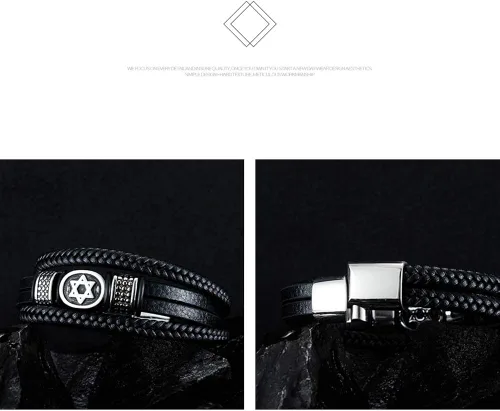 Vista 4 de Pulsera de piel trenzada de tres capas con cierre magnético de la estrella de David de Titbra