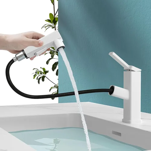 Vista 8 de Grifo de baño de un solo agujero, grifo de lavabo de baño moderno extraíble con 3 modos de flujo de agua, grifos de baño con rociador