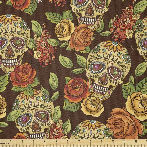 Vista 51 de Ambesonne The Yard, tela de calavera colorida con temática de Halloween, diseño de calavera y huesos cruzados, divertido estampado de dibujos