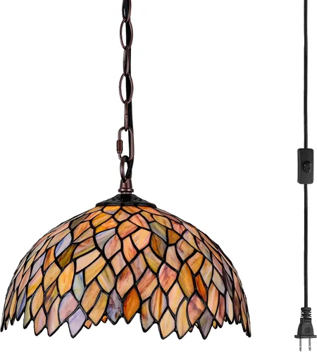 Vista 2 de Lámpara Colgante de Vidrio Emplomado Estilo Tiffany con Enchufe, 12" de Ancho Diseño de Glicinia Lámpara Colgante, Cadena de 60 Pulgadas Cable de 15