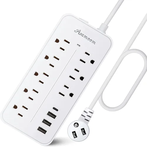 Vista 11 de Regleta de alimentación con protector de sobretensiones de 10 pies, Asamoom, tira de alimentación de enchufe plano con cable largo ETL listado, 8