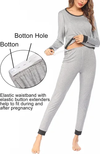 Vista 2 de Ekouaer Conjunto de ropa interior térmica de maternidad y lactancia, conjunto de pantalones largos de punto a rayas, capa base superior e inferior