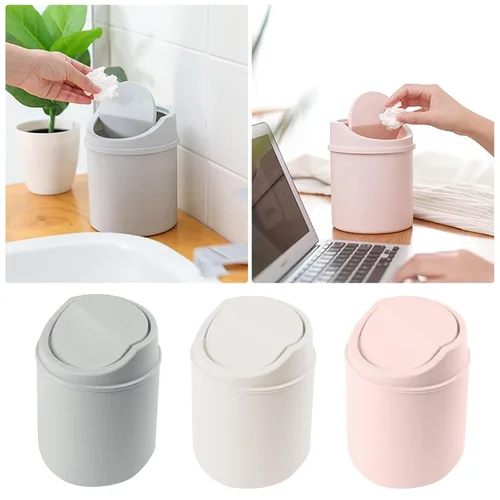 Vista 3 de Basurero de basura – Mini bote de basura de plástico para escritorio con tapa giratoria, elegante papelera para encimera, cesta de papel de desecho